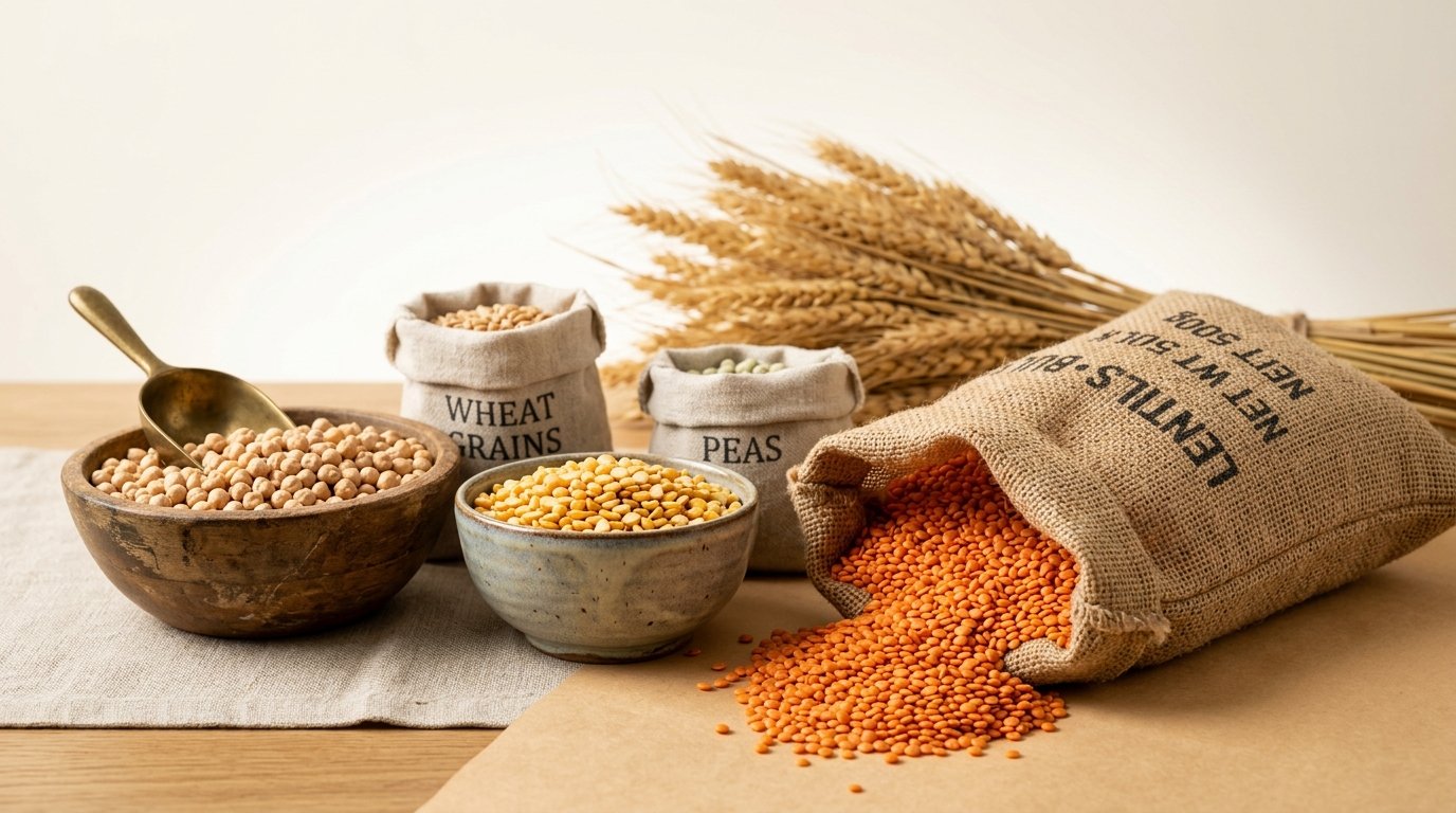 Assorted agricultural pulses, lentils, and grains packaged for global trade
